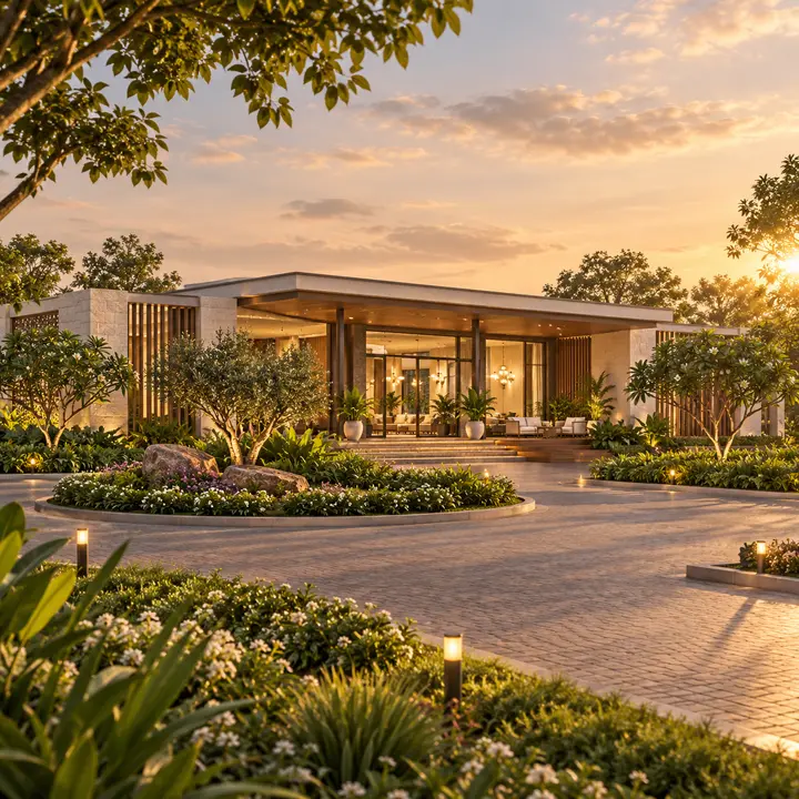 Sattva Dabaspete low-rise clubhouse with timber screens and a landscaped forecourt at dusk, artist's impression