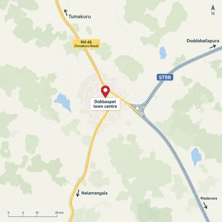 Sattva Dabaspete location map showing Dobbaspet town centre on NH 48 at the STRR junction, with Tumakuru, Nelamangala and Doddaballapura marked